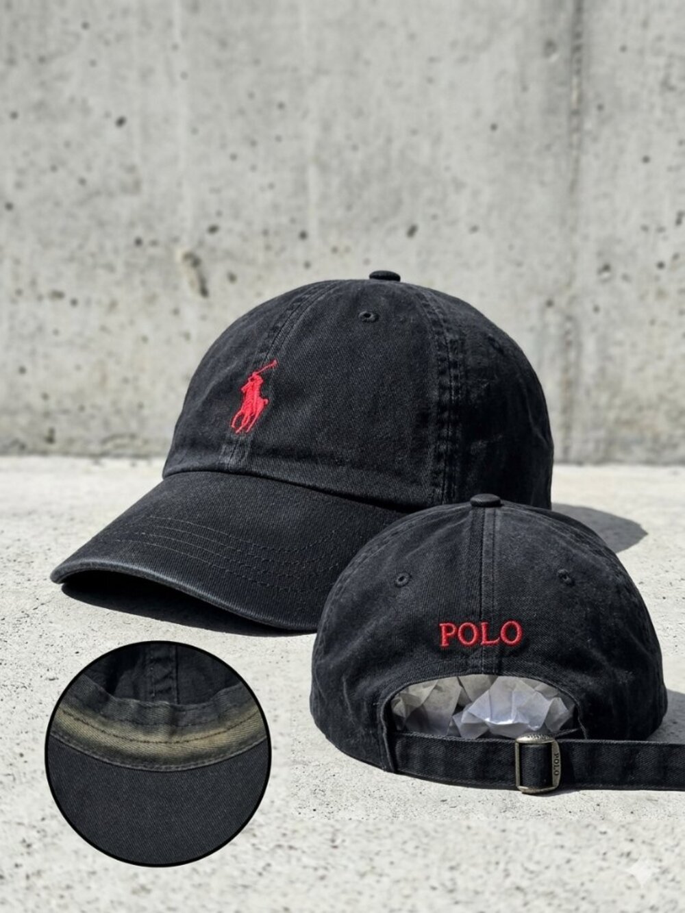 Polo Ralph Lauren Faded Black Dad Hat Red Pony Logo Strapback Baseball Cap